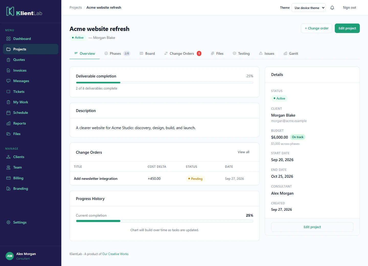 KlientLab project workspace showing phases, progress, and the project budget